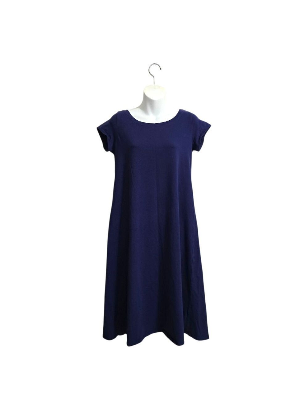 Eileen Fisher Organic Cotton Stretch Jersey Cap Sleeve Dress In Blue Sz S